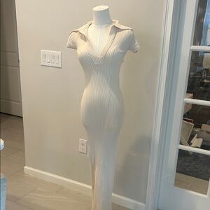 Moon River Cream Ribbed Maxi Dress